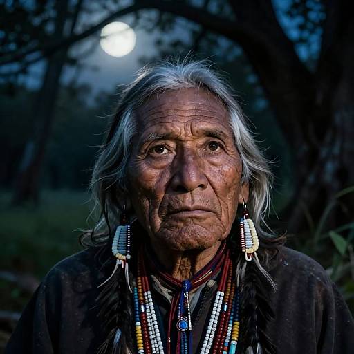 Photograph of an elderly Indigenous man with long gray hair, wearing traditional beaded necklaces and earrings, under a moonlit forest.