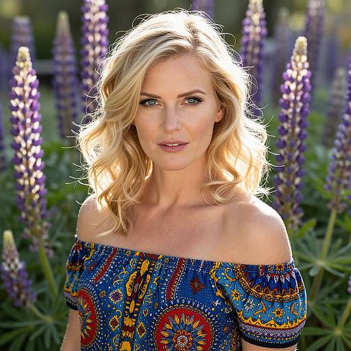 Photograph of blonde woman with wavy hair, wearing off-shoulder blue patterned dress, standing amidst tall purple lupine flowers in sunlight.