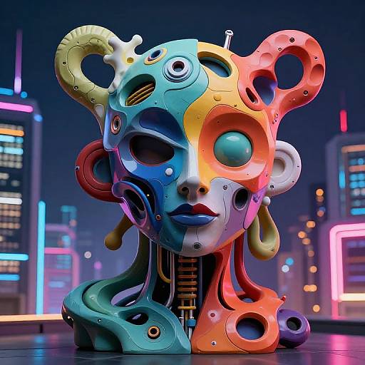 Whimsical, colorful robotic head sculpture with circular and spiral metal designs, neon cityscape background, vibrant blue, red, yellow, and orange hues