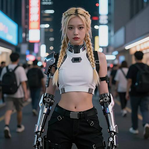 Cyberpunk Woman with Futuristic Armor in Neon City