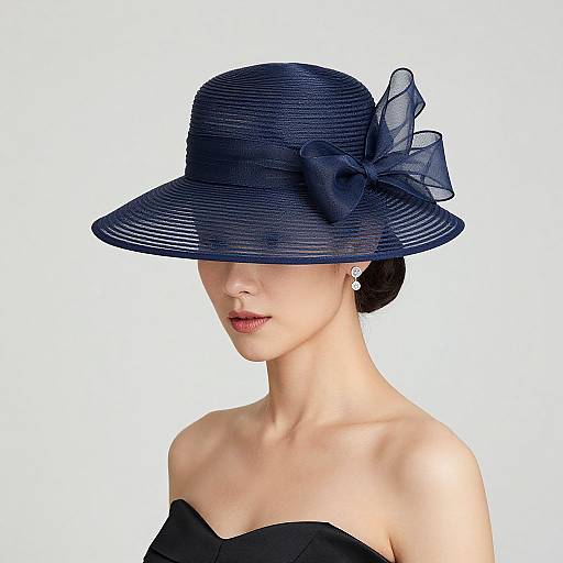 Photograph of a fair-skinned woman in a black strapless dress, wearing a dark blue, wide-brimmed hat with a sheer bow,