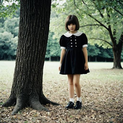 Young Girl in Black Dress by Tree