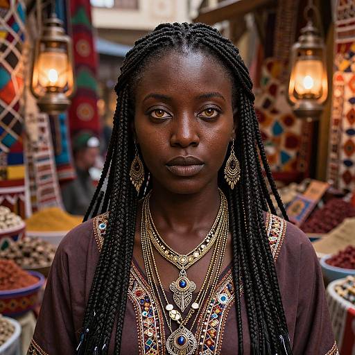 Photograph of a dark-skinned African woman with long braids, wearing intricate gold jewelry and a brown dress, standing in a vibrant, colorful market
