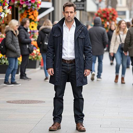 Photograph of a serious-looking man in a black coat, white shirt, and dark pants standing in a busy urban street with colorful flower pots and pedestrians