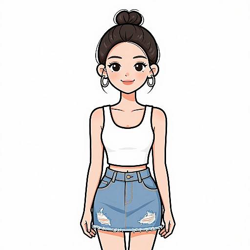 Digital illustration of a cute, smiling young woman with fair skin and black hair in a bun, wearing a white crop top and blue distressed denim skirt.