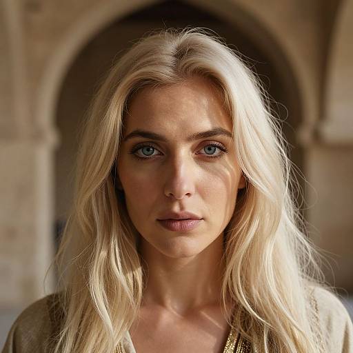 Photograph of a blonde woman with blue eyes, fair skin, and wavy hair, standing in front of a stone archway.