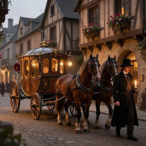 Photograph of a Victorian-era carriage with two brown horses, driven by a man in a black coat and top hat, on a cobblestone street