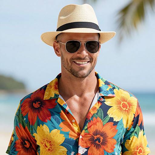 Photograph of a smiling, bearded man wearing a white straw hat, dark sunglasses, and a vibrant floral shirt with orange, yellow, and red