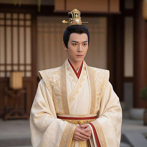 Photograph of a young Asian man in traditional Japanese white kimono with gold embroidery, wearing a gold hairpiece, standing in front of a wooden Japanese