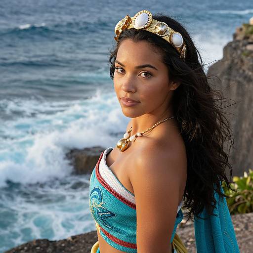 Photograph of a young woman with dark hair, wearing a turquoise strapless top, gold crown, and necklace, standing by a rocky ocean coastline with