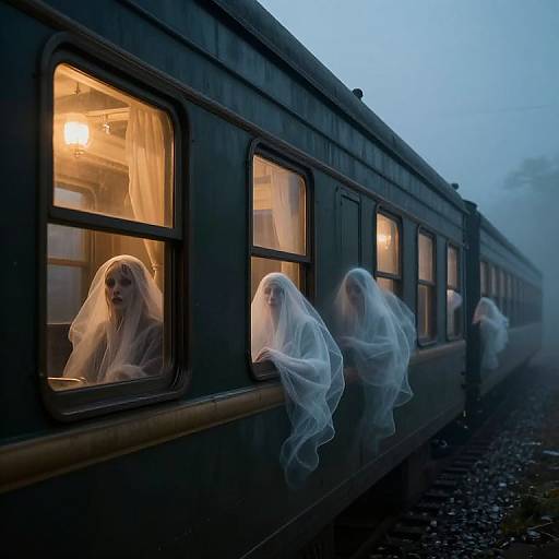 Photograph of four ghostly women in white veils peering out of dimly lit vintage train windows at twilight, with fog in the background.