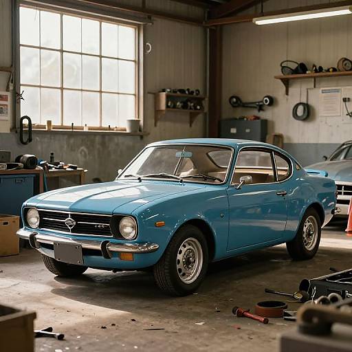 Photograph of a vibrant blue classic car in a sunlit, cluttered garage with tools, a window, and another car partially visible.
