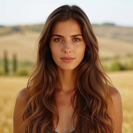 Photograph of a beautiful young woman with long, wavy brown hair, fair skin, and brown eyes, standing in a sunlit, golden field