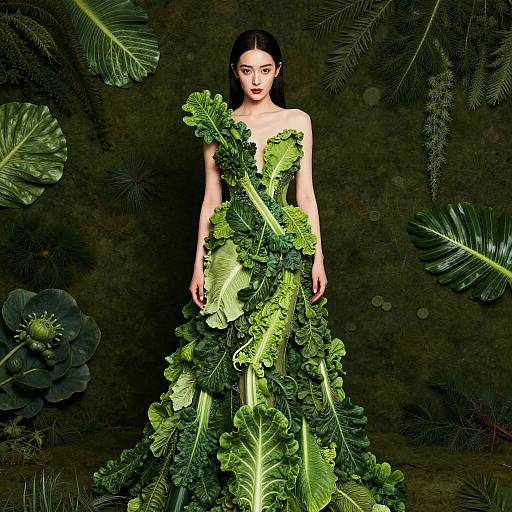 Photograph of an Asian woman with long black hair, wearing a strapless dress made entirely of vibrant green leafy vegetables, standing against a dark,