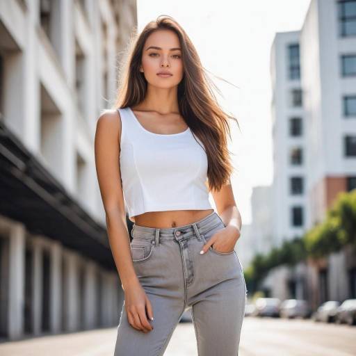 Young Woman in White Crop Top and Gray Jeans Urban Pose