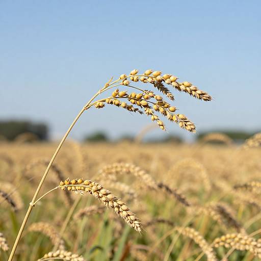 Close-up photograph of golden wheat stalks against a bright blue sky, with a blurred field of wheat in the background.