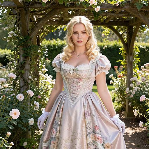 Photograph of a blonde woman with wavy hair, wearing a vintage, floral-embroidered, pale pink ball gown, white gloves, and