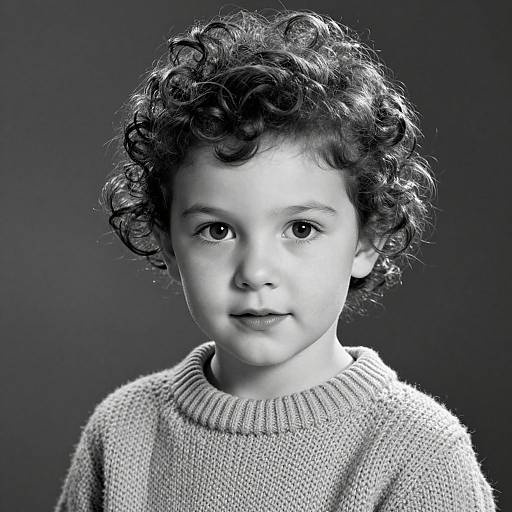 Black-and-white photograph of a young boy with curly hair, wearing a knit sweater, looking directly at the camera, against a dark gradient background.