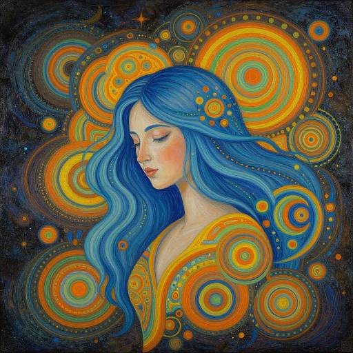 Digital painting of a serene woman with long blue hair, surrounded by vibrant orange and yellow circular patterns, creating a cosmic aura.