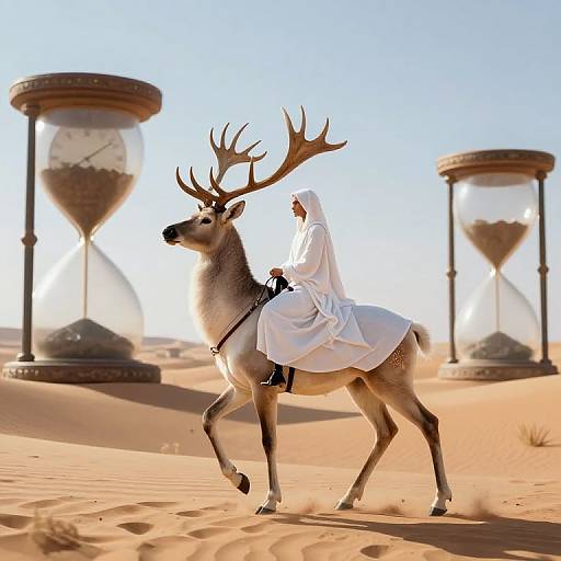 Photograph of a veiled figure in white riding a majestic, antlered deer in a sunlit desert, with two large hourglasses in
