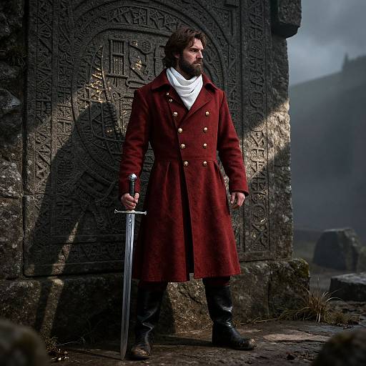 Photograph of bearded man with long brown hair, wearing red coat, white scarf, black boots, holding sword, standing before ancient stone wall,