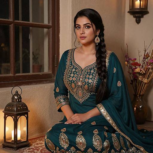Photograph of an Indian woman in a green, gold-embroidered traditional lehenga, with a long braid, seated beside a lit lantern