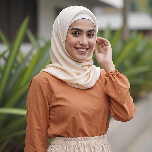 Smiling Woman in Beige Hijab Outdoors