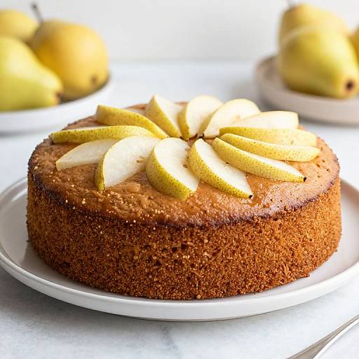 Photograph of a golden-brown, pear-topped cake with a textured, crumbly crust, on a white plate, with blurred yellow p