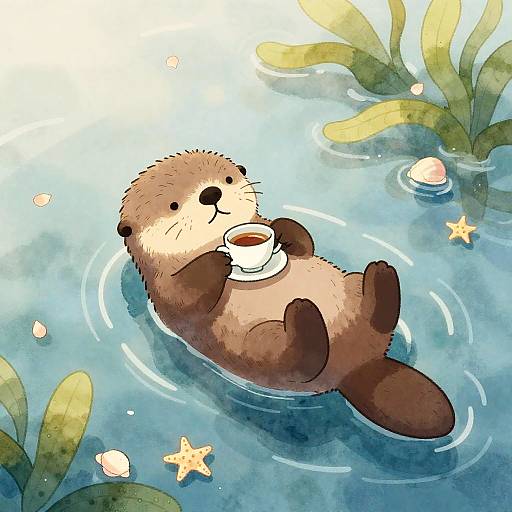 Whimsical Otter with Teacup at Dawn