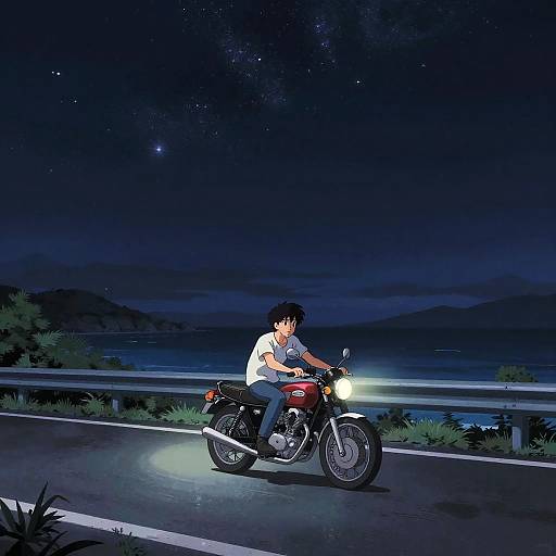 Anime Rider on Coastal Highway at Night