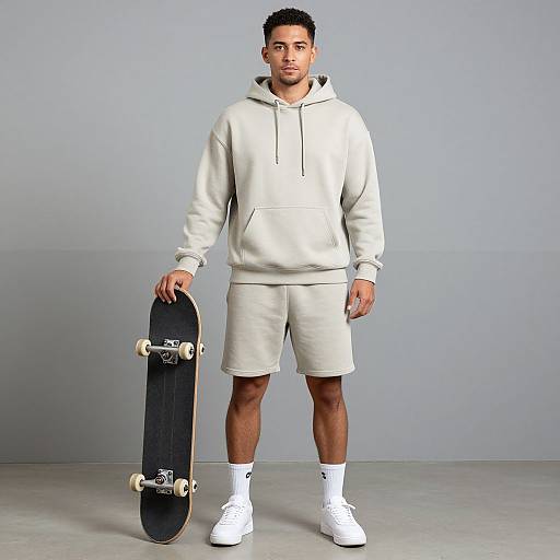 Photograph of a young man with short black hair, medium brown skin, wearing a white hoodie, shorts, white socks, and white sneakers, holding