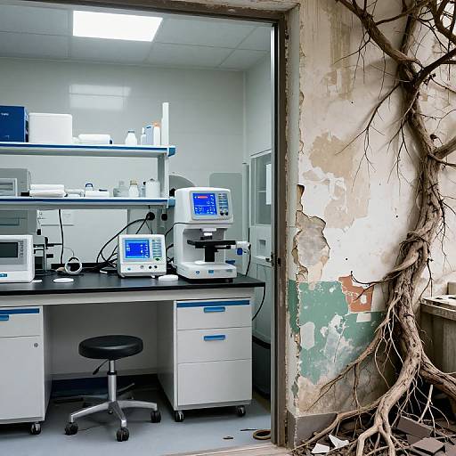 Photograph of a dilapidated laboratory room with peeling paint, exposed roots, white desks, and multiple medical monitors displaying blue screens.