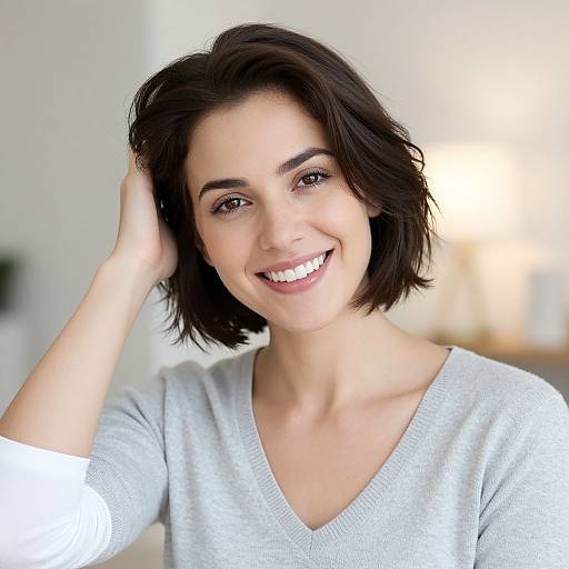 Photograph of a smiling woman with short black hair, wearing a light gray V-neck sweater, touching her hair with her right hand. Background is softly