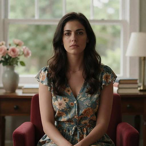 Serious Woman in Floral Dress Sitting Indoors