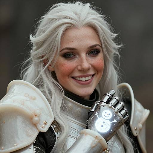 Photorealistic portrait of a smiling, fair-skinned woman with white hair, wearing detailed white and silver medieval armor, holding a shiny gauntlet.