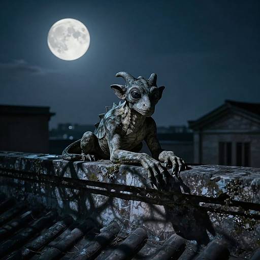 Moonlit Gargoyle on Rooftop