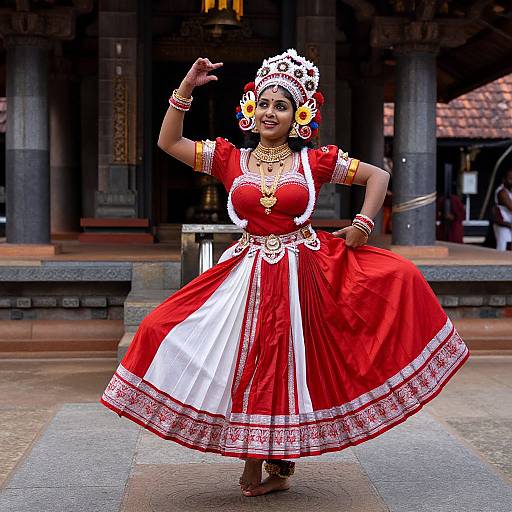 Photograph of a smiling Indian woman in vibrant red and white traditional dance costume, adorned with gold jewelry, dancing outdoors in front of a temple with dark