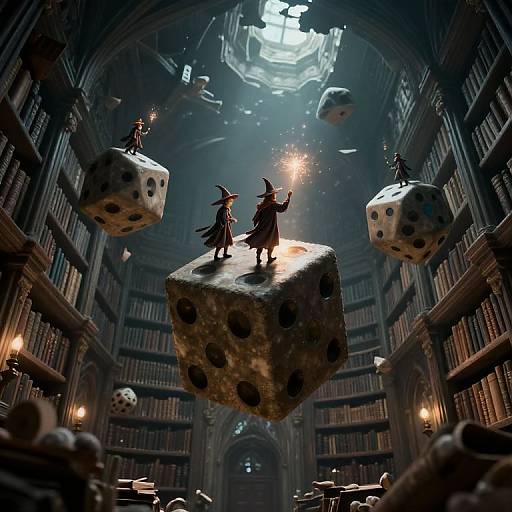 CGI fantasy library scene: Two witch-like figures on floating dice, surrounded by more dice, under a dimly lit, arched ceiling.