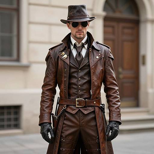 Photograph of a suave, bearded man in a brown leather Victorian-style suit, black gloves, hat, and sunglasses, standing in front of