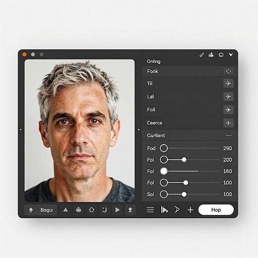 Photograph of a digital editing interface showing a close-up of a gray-haired, middle-aged man with light skin and brown eyes, with the editing toolbar