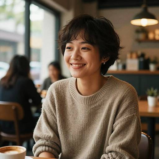Smiling Asian Woman in Cozy Café