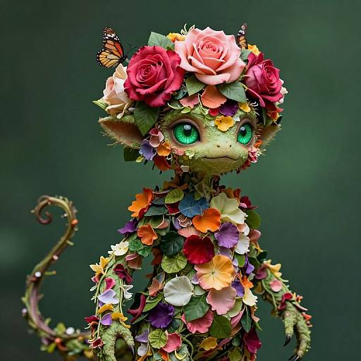 Digital art of a green-eyed, small, fantasy creature adorned with colorful flower petals, roses, and a butterfly on its head against a dark green background