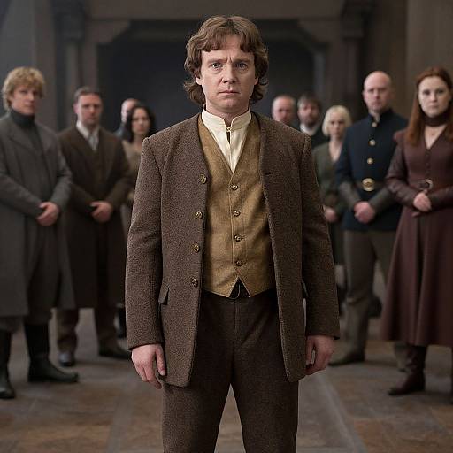 Photograph of a serious young man with wavy brown hair, wearing a brown tweed suit with a beige vest and white shirt, standing in front