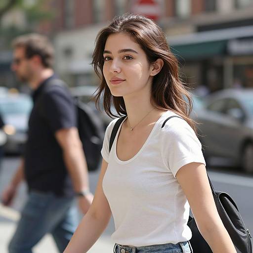 Photograph of a young woman with long brown hair, wearing a white t-shirt and jeans, carrying a black backpack, walking on a sunny urban street