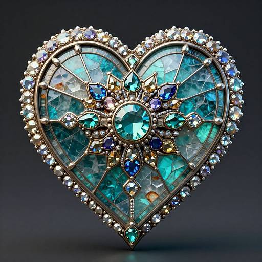 Photograph of an intricately designed, heart-shaped gemstone brooch with blue and teal faceted stones, surrounded by smaller white diamonds, set in