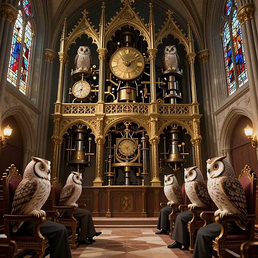 Photograph of a Gothic-style church interior with four human-like owls perched on ornate gold clock and organ, surrounded by stained glass windows and