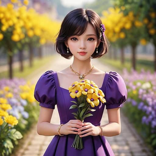 Girl With Bouquet in Purple Dress