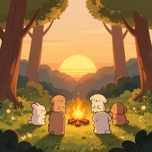 Cozy Sunset Cartoon Forest Campfire