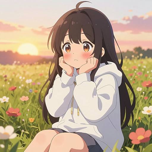 Kawaii Anime Girl in Flower Field