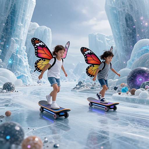Photograph of two children with butterfly wings, skateboarding in a surreal, icy landscape with glowing ice formations and colorful orbs.